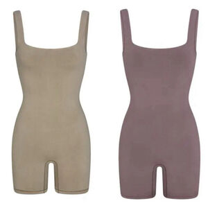 Skims 3X Outdoor Square Neck Romper LOT X2 Taupe & Zinc Cotton Shelf Bra Stretch